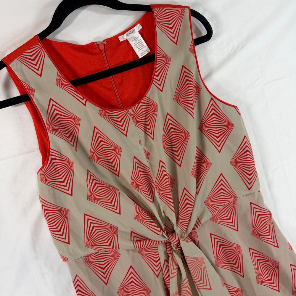 Esley Womens Geometric Diamond Print Front‎ Tie Knot Sleeveless Mini Dress Tan